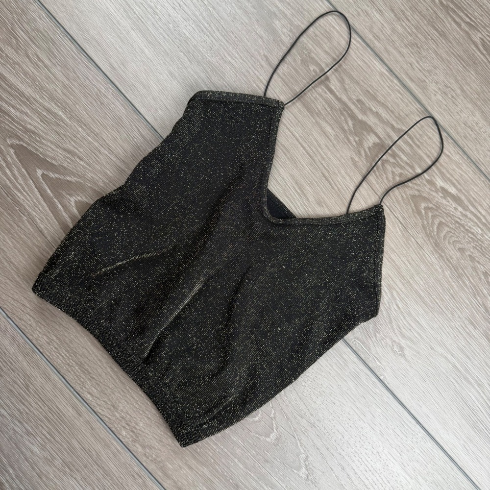 Free People Women Cami Top Intimately Metallic Sparkle Black Gold XS/S